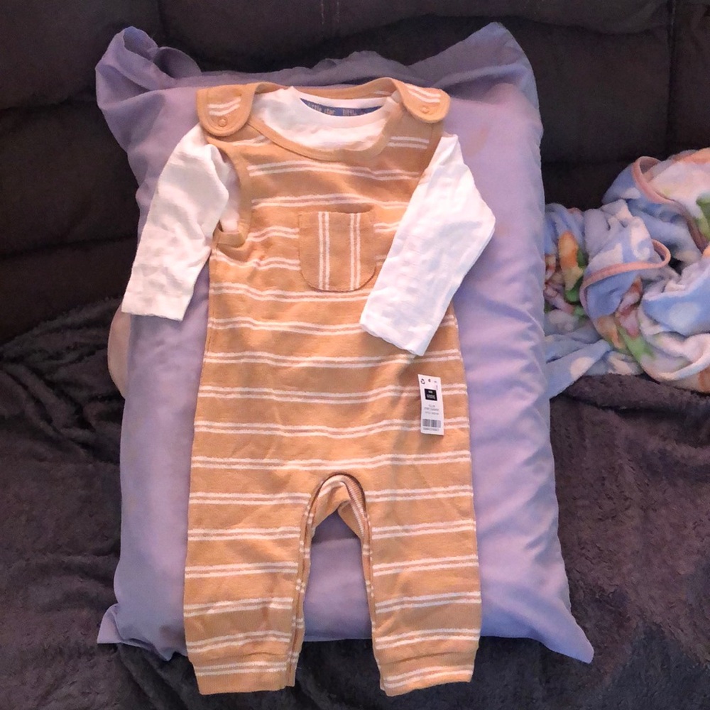 NWT Striped Tan and White Baby Overalls by Dunnes